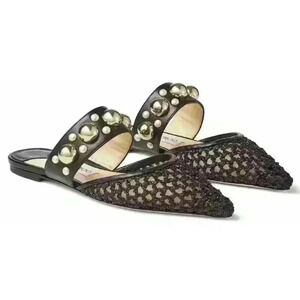 Jimmy Choo Black Basette Raffia Pearl Embellished Flat Mules Size 37.5